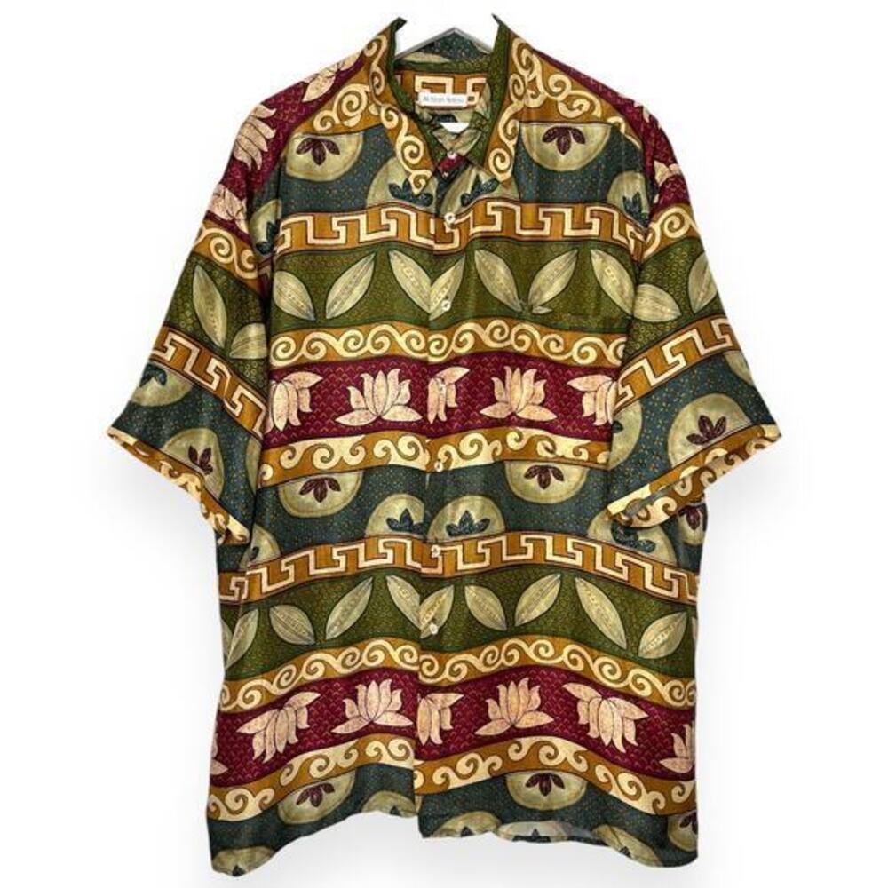 VINTAGE 90s Burma Bibas Silk Island Shirt Short‎ Sleeve Button Up Size XL